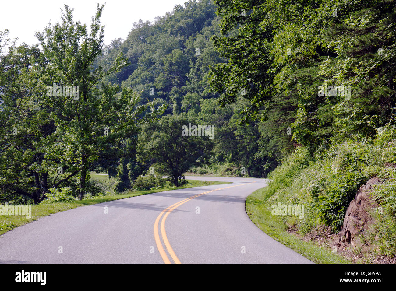 Blue Ridge Parkway Virginia, Appalachian Mountains, près des sommets d'Otter, courbe, nature, paysage naturel, route, lignes jaunes, les visiteurs voyagent à destination Banque D'Images