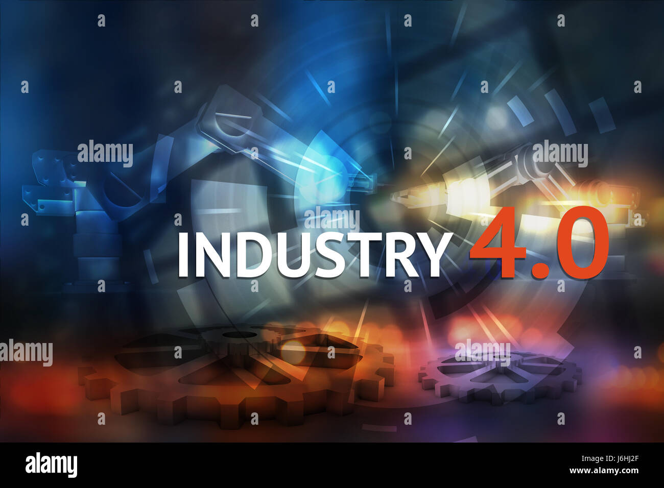 Internet des objets industriels , concept physique des systèmes cybernétiques . L'automatisation et les engrenages machine-robot , Industrie 4.0 Texte avec abstract background Banque D'Images