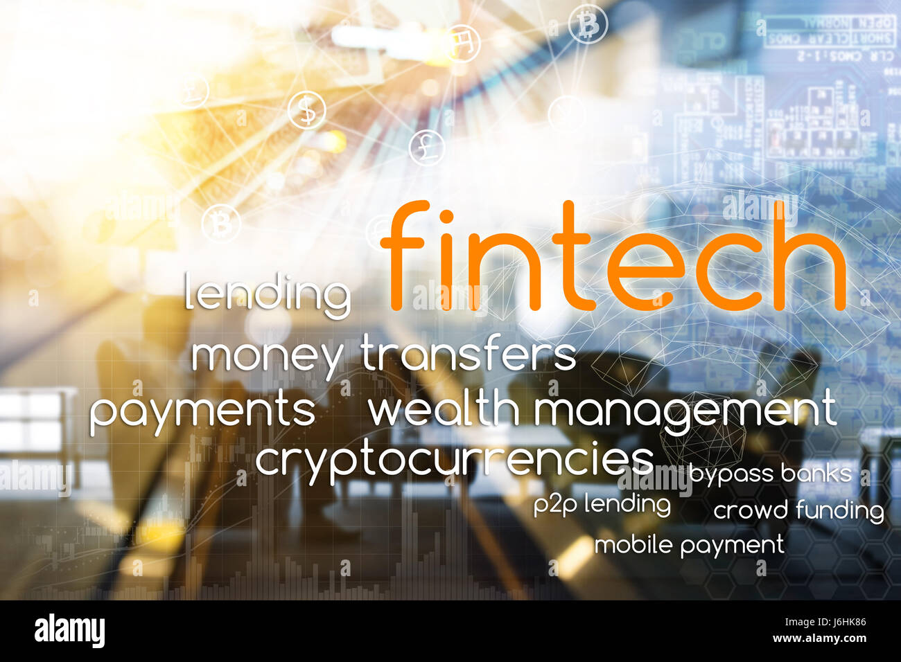La technologie de l'Internet financier Investissement Fintech Concept. En tête, les transferts d'argent, paiements, gestion de patrimoine, cryptocurrencies, p2p, mobile de premier plan Banque D'Images