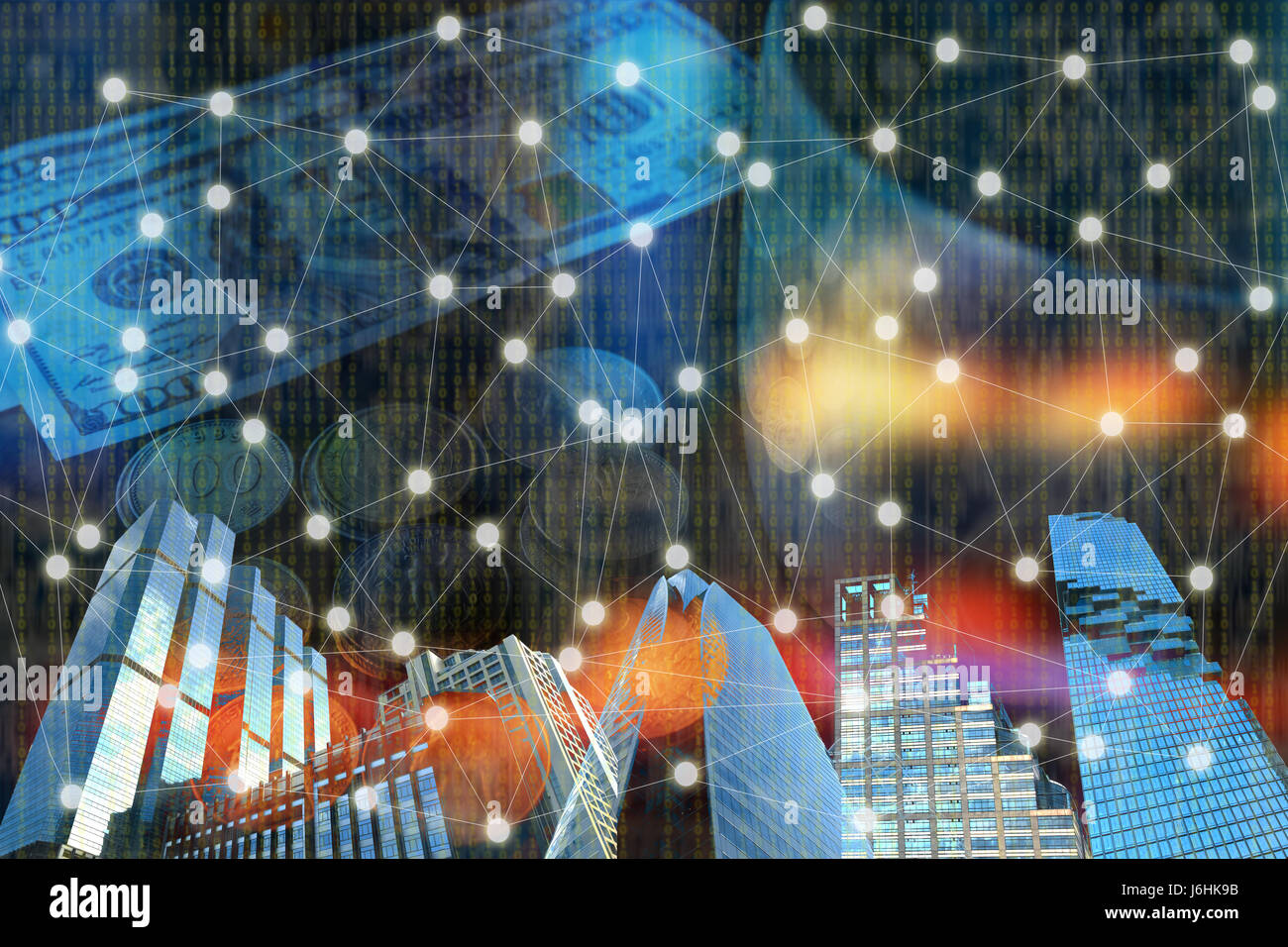 La technologie réseau Fintech et Blockchain , concept , immeuble technologie grand livre distribués et décentralisés avec abstract binary backgrou Banque D'Images