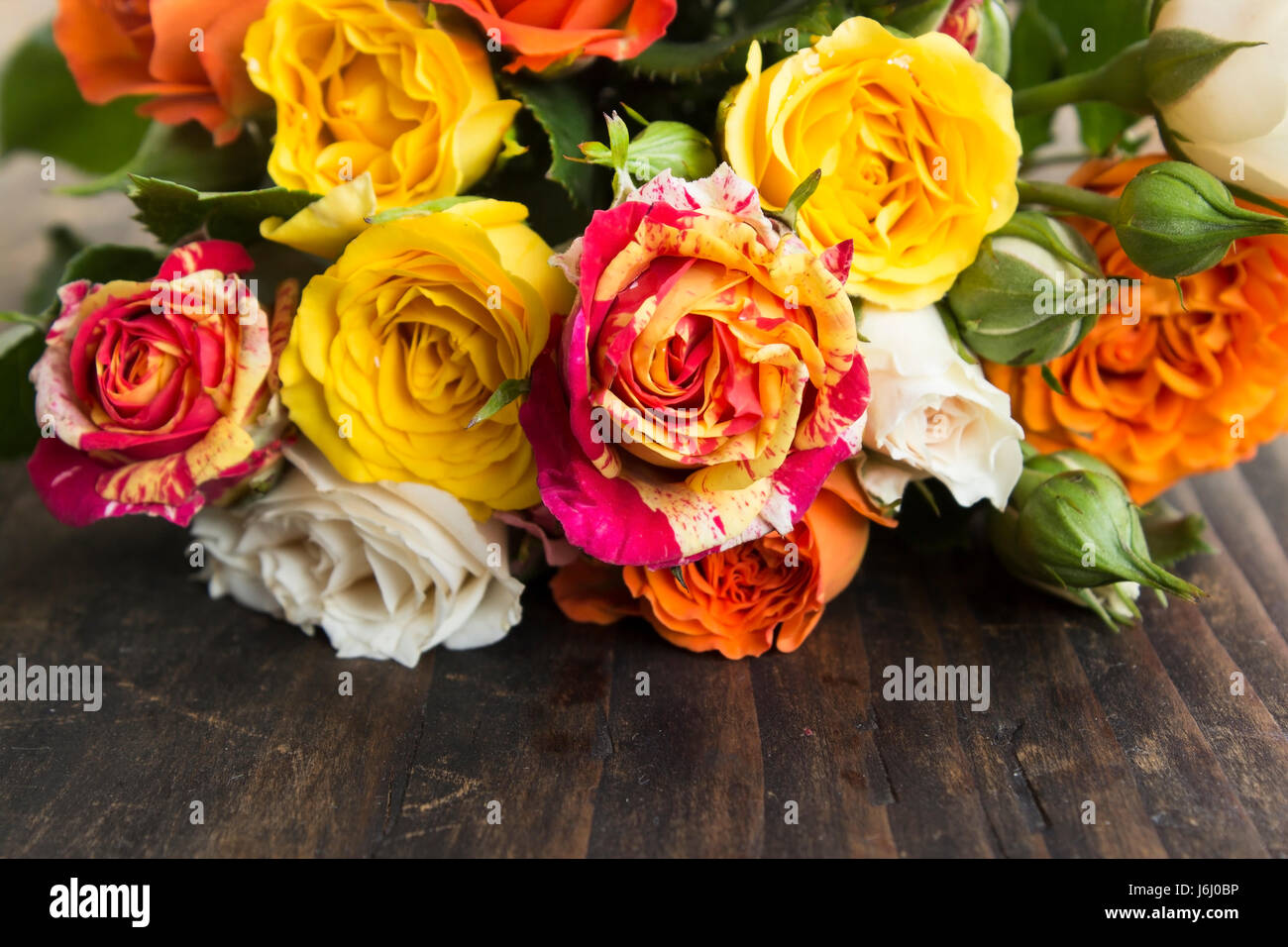 Bouquet de roses multicolores sur un fond de bois rustique. Banque D'Images
