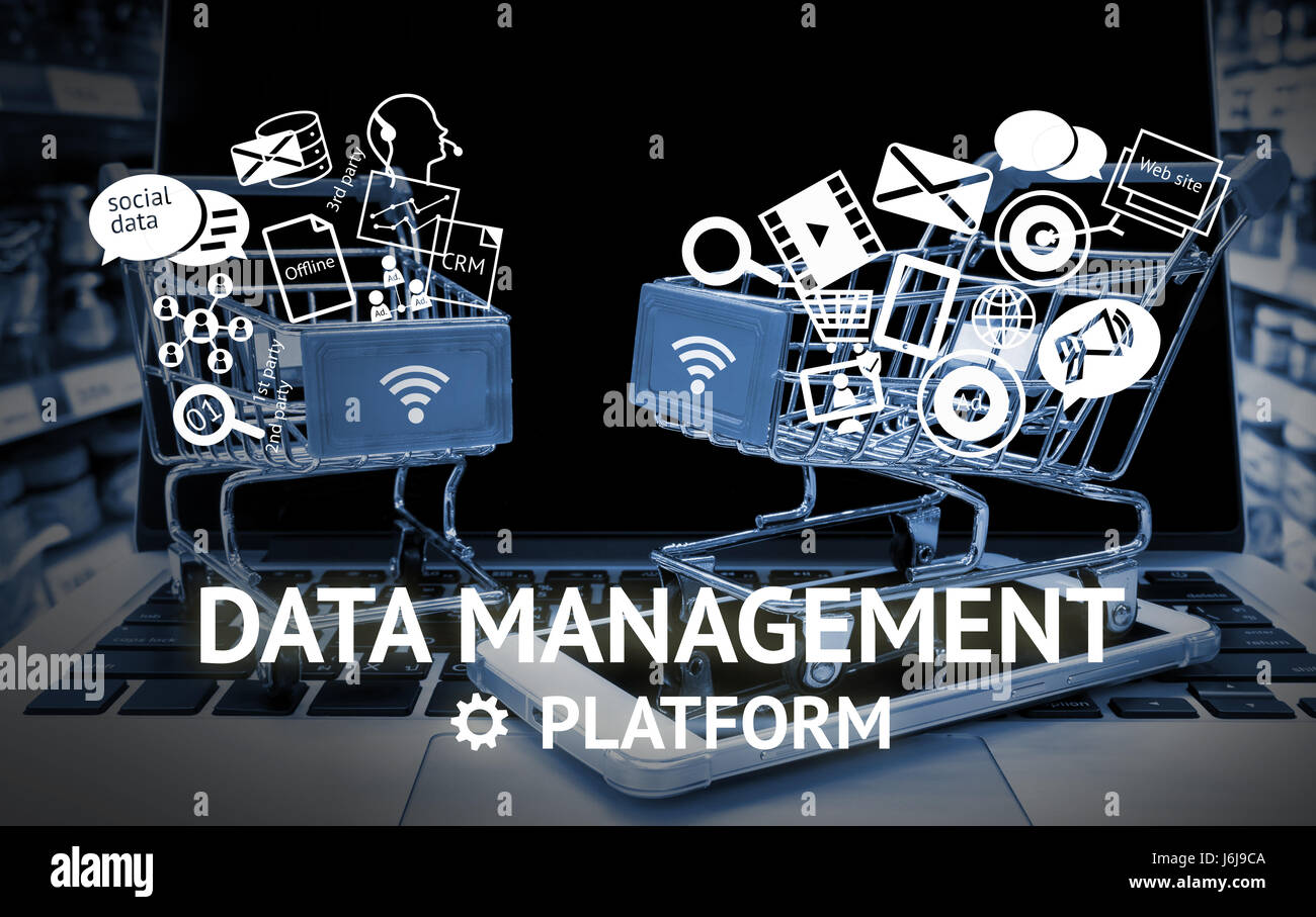 La plate-forme de gestion des données CRM marketing concept.Deux caddies sur smart phone portable dans une boutique historique Banque D'Images