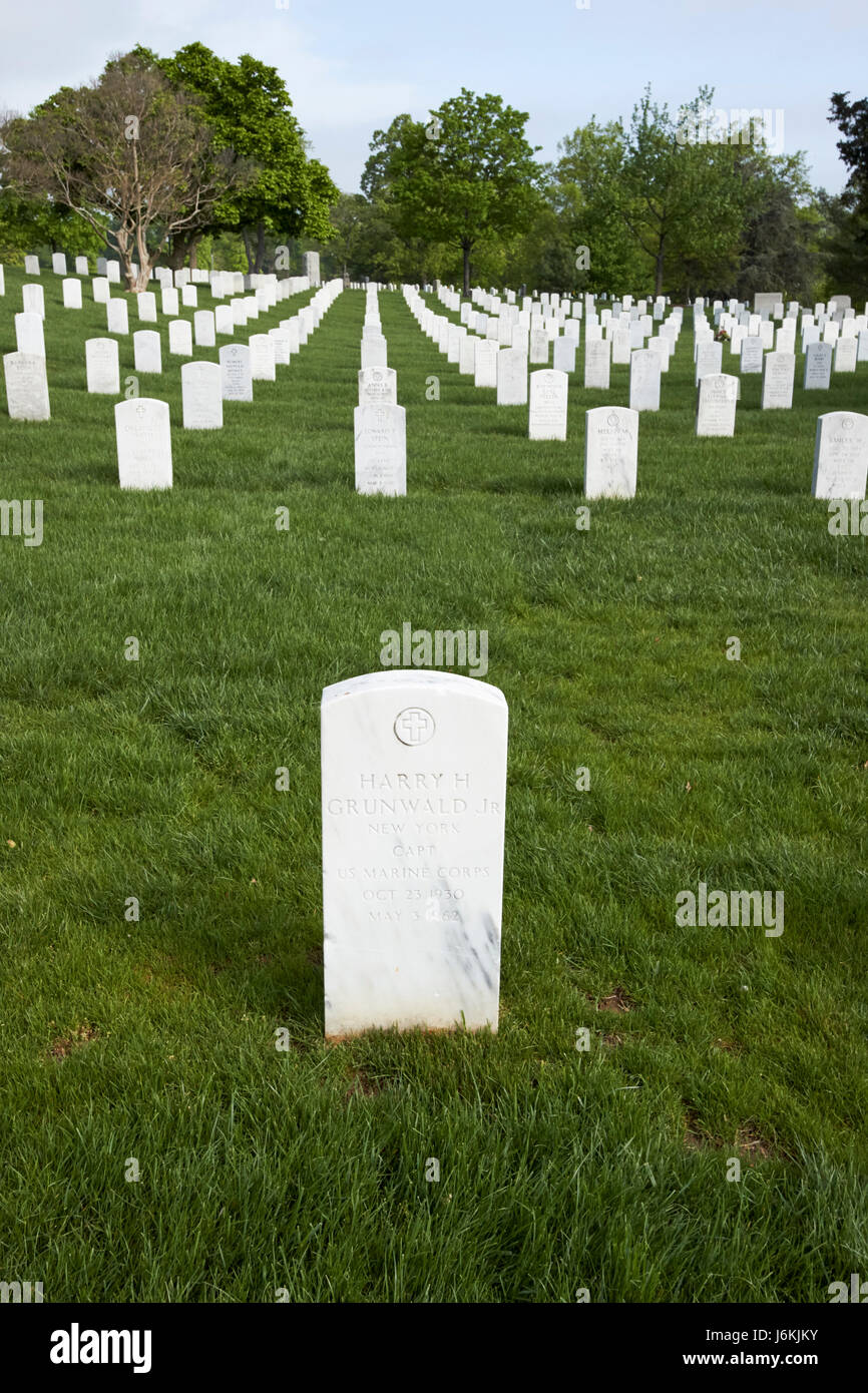 Les rangées de pierres tombales blanches sous les arbres au cimetière d'Arlington Washington DC USA tombe de Harry H Jr Grunwald qui sont morts dans un accident d'avion à bord NOUS JOINDRE Banque D'Images