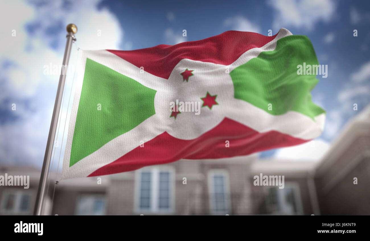 Burundi Flag 3D Rendering sur fond bleu Sky Building Banque D'Images