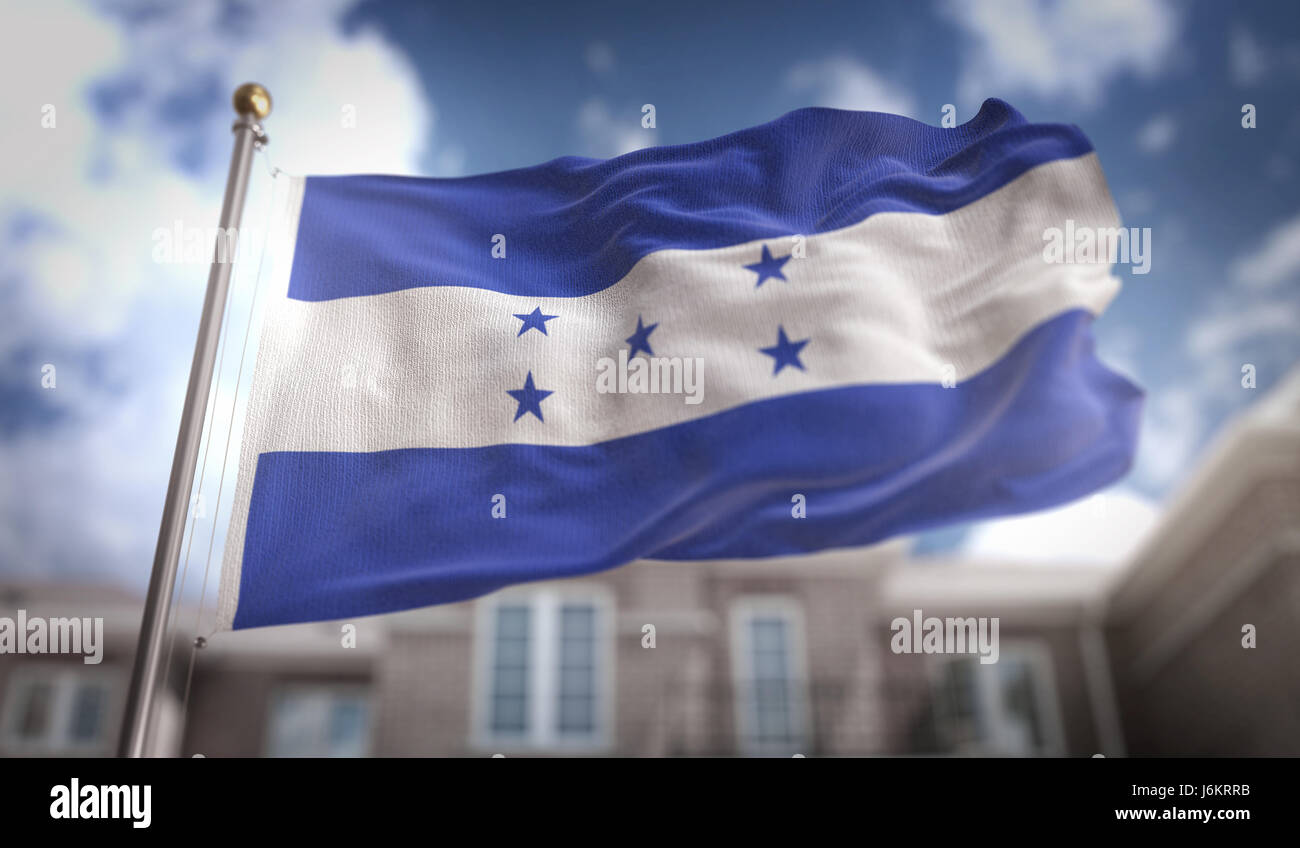 United States Flag 3D Rendering sur fond bleu Sky Building Banque D'Images