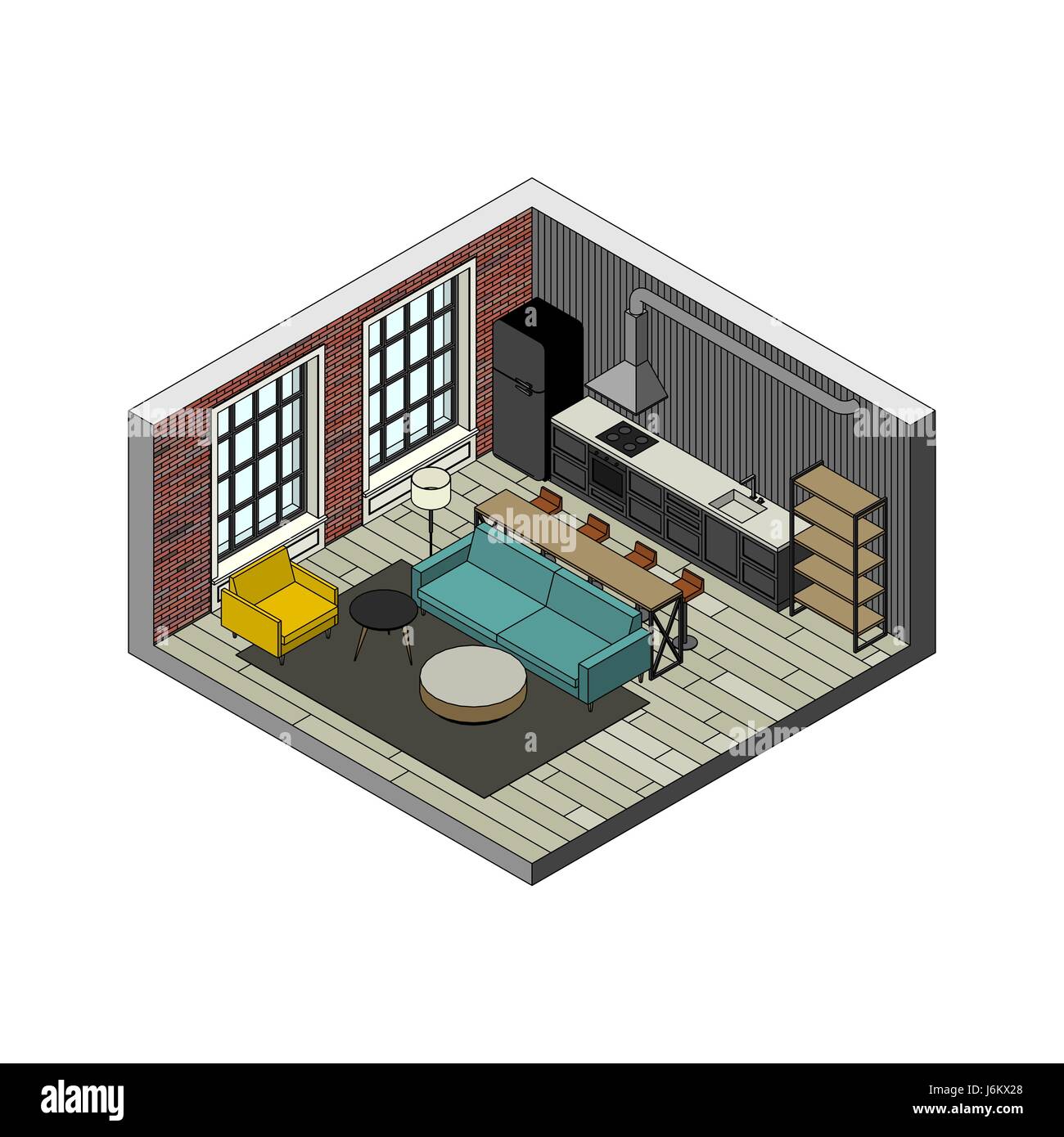 Salon intérieur en vue isométrique. Illustration de loft avec mur de brique. Illustration de Vecteur