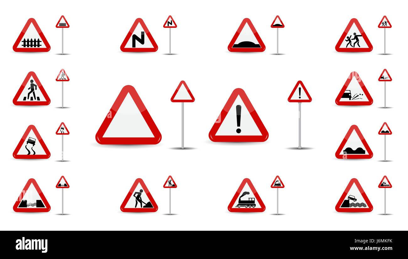 Ensemble de signer d'avertissement. Dans la région de triangle rouge est un peu détaillée de différents types de signes spéciaux pour les conducteurs de voiture. Vector Illustration. Illustration de Vecteur