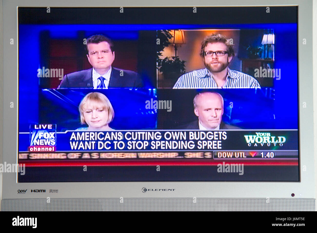 Miami Beach Floride, Fox News, couper le budget, crise financière, la folie des dépenses du gouvernement, TV, écran de télévision, écran plat, câble, chaîne, médias, diffusion Banque D'Images