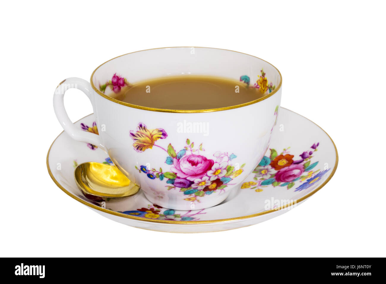 Fine Vintage China tea cup and saucer avec plateau isolé sur blanc. Banque D'Images