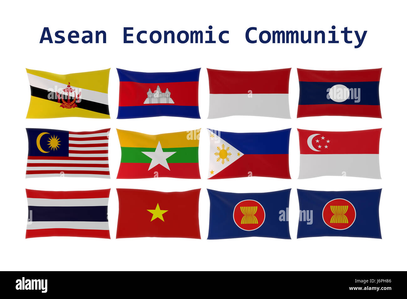 Le rendu 3D des drapeaux des pays de l'ANASE (Association des nations du Sud-Est asiatique) et Communauté économique de l'Asean (AEC) Banque D'Images