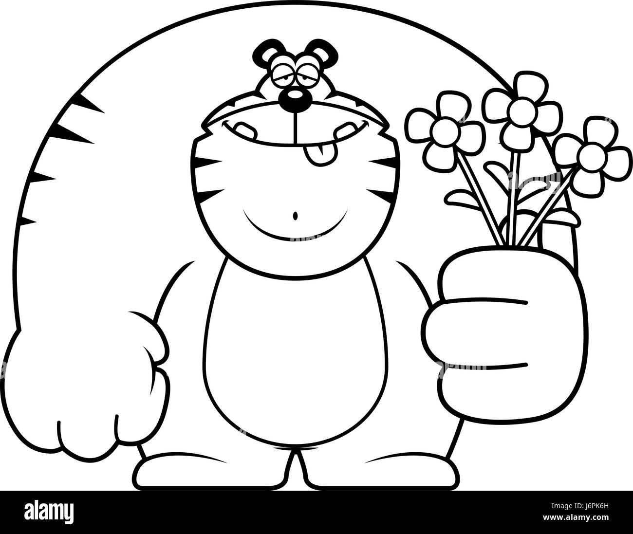 Illustration d'une caricature d'un tigre avec des fleurs. Illustration de Vecteur