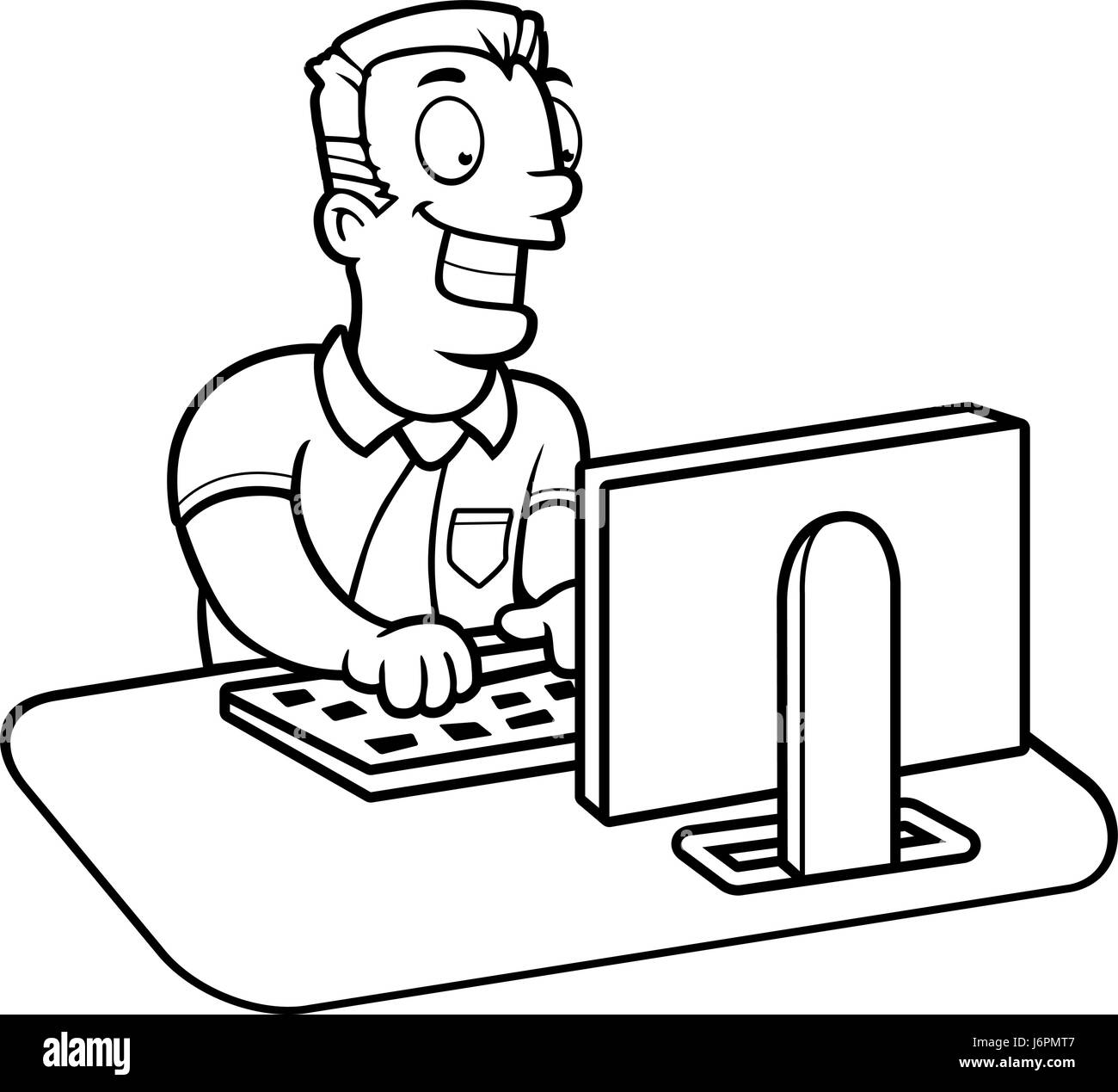 Une bonne caricature l'homme à l'aide d'un ordinateur. Illustration de Vecteur