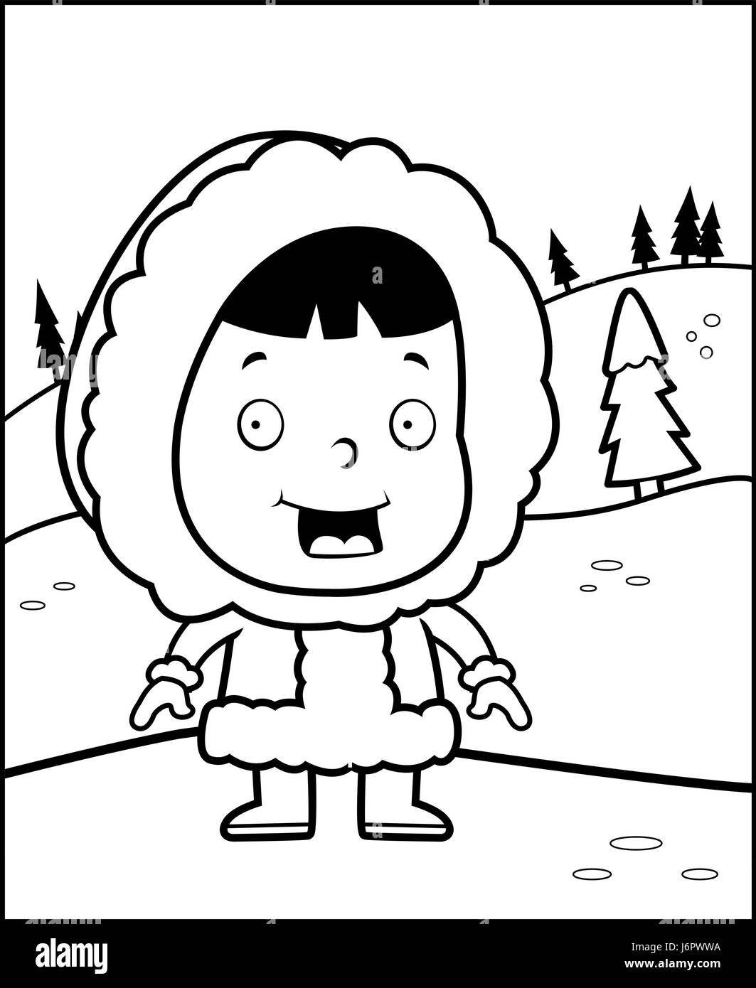 Un enfant esquimau cartoon heureux dans la neige. Illustration de Vecteur