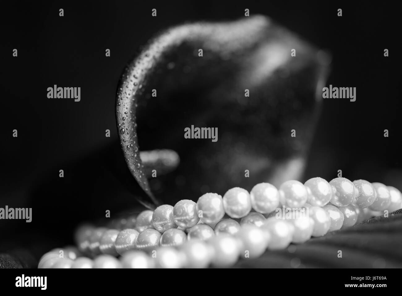 Fleur de lis calla noir et blanc collier de perles closeup Banque D'Images