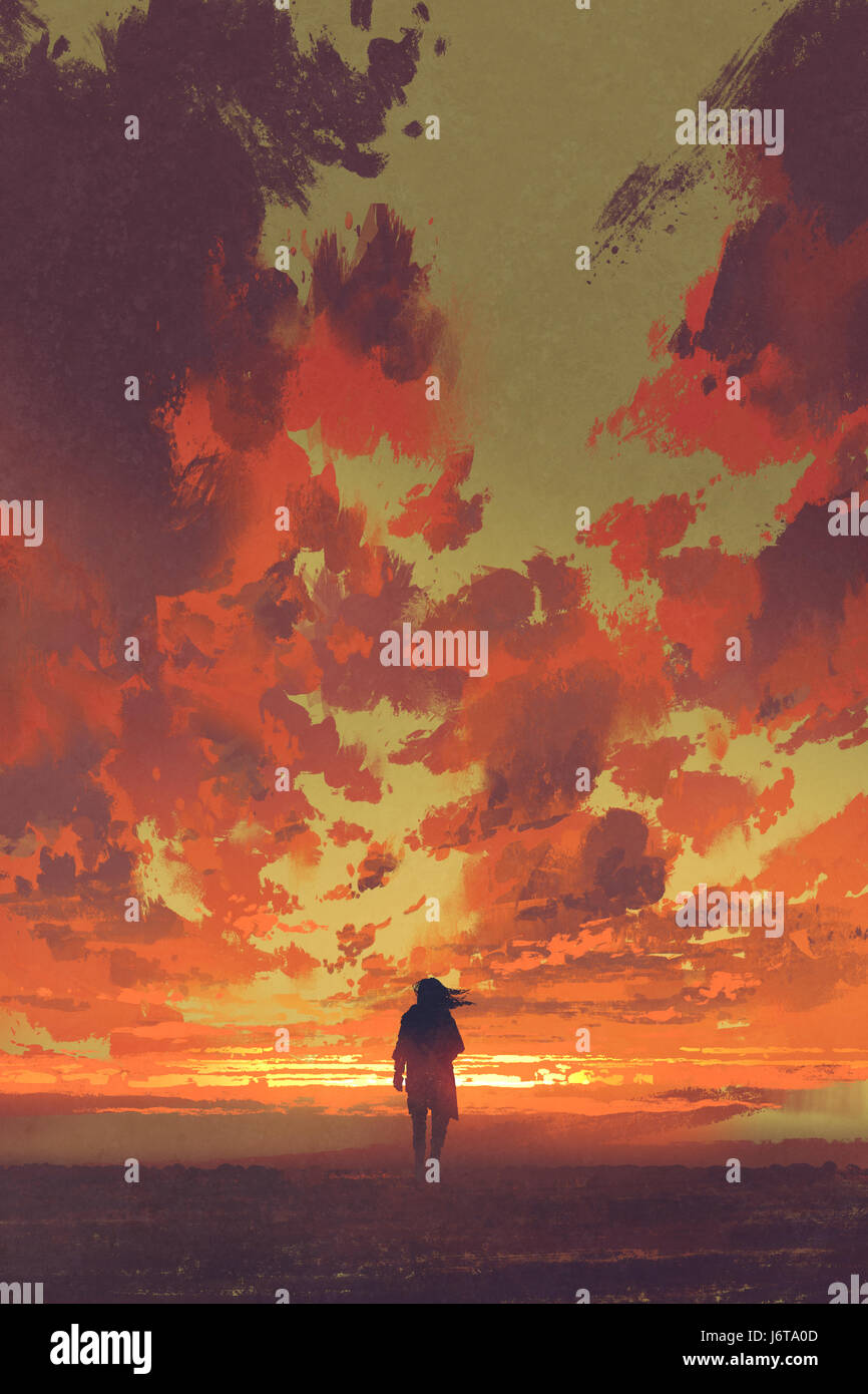 Homme seul à la recherche de ciel coucher avec Fiery digital art style, illustration peinture Banque D'Images