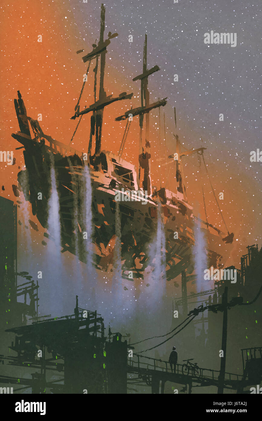 L'épave d'un navire avec des chutes d'eau flottant dans le ciel au-dessus de ville futuriste avec style d'art numérique, illustration peinture Banque D'Images