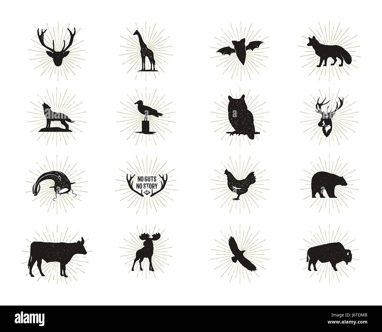 Ensemble de figures d'animaux sauvages et de formes avec sunbursts isolé sur fond blanc. Silhouettes noires le loup, le cerf, l'orignal, le bison, l'aigle, Seagull, vache, et Owl. L'ensemble des formes d'animaux. Vector Illustration de Vecteur