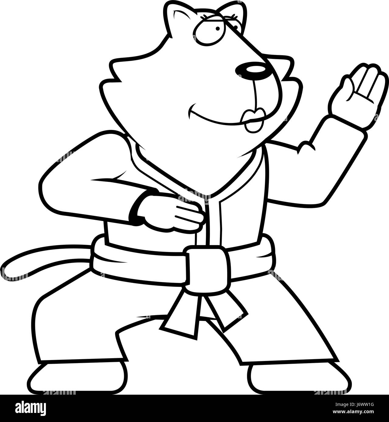 Un chat de dessin animé faisant le karaté dans un gi. Illustration de Vecteur