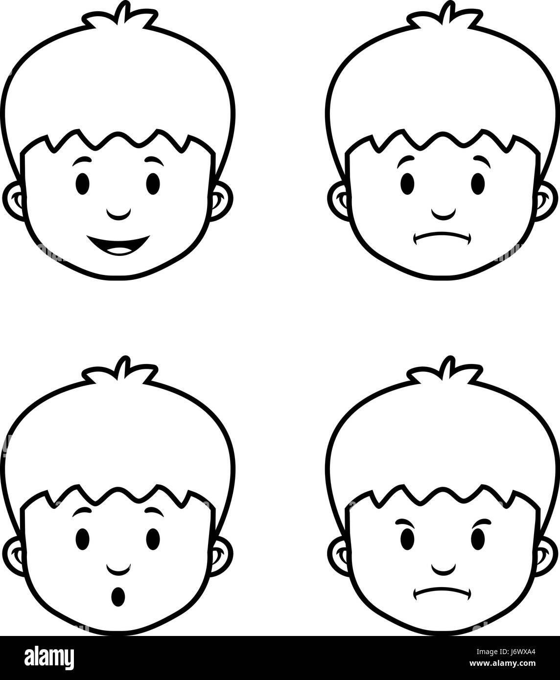Un dessin animé garçon avec une variété d'expressions. Illustration de Vecteur