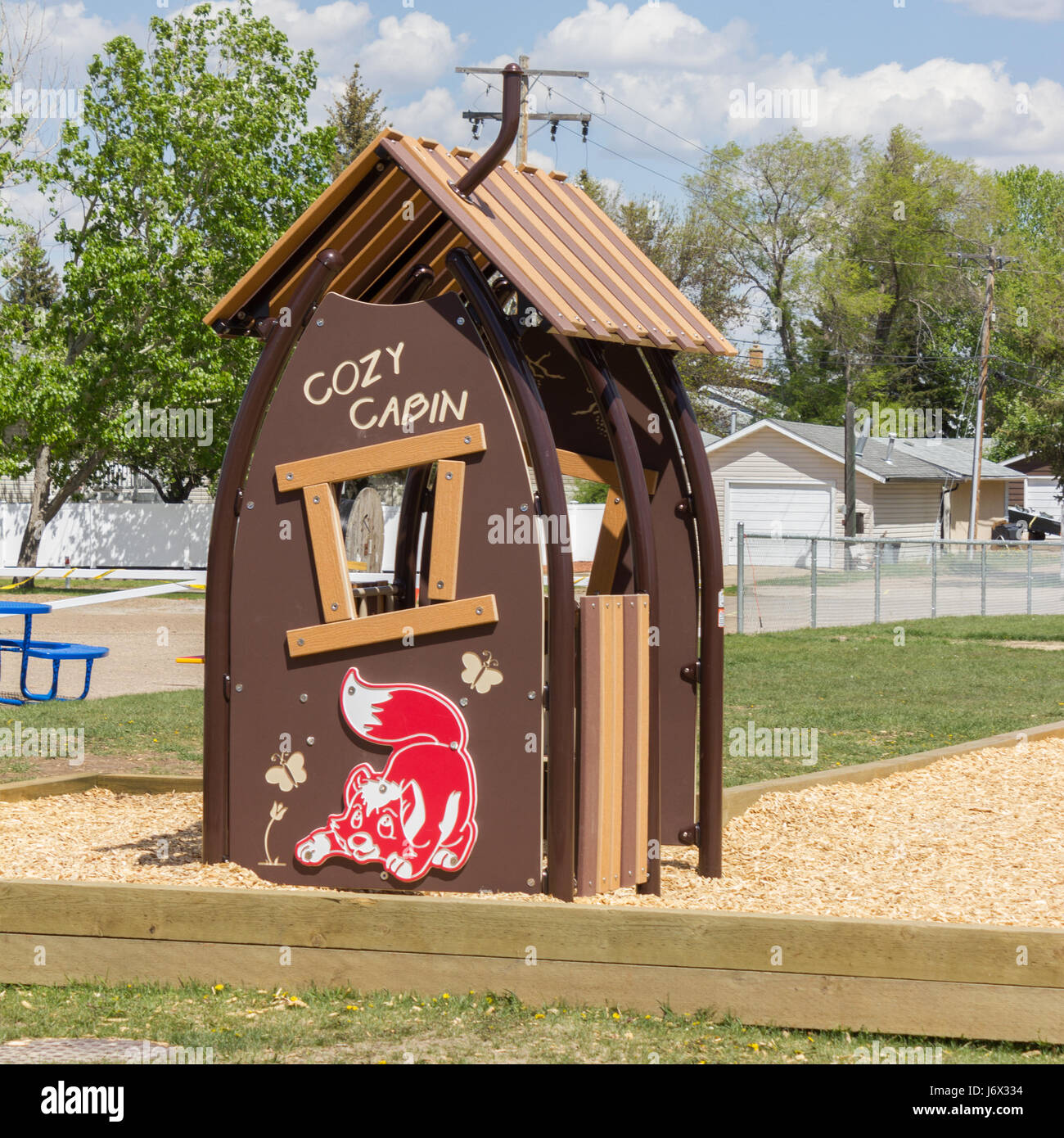 Une maisonnette sur un terrain de jeu de Hanna, en Alberta. Banque D'Images