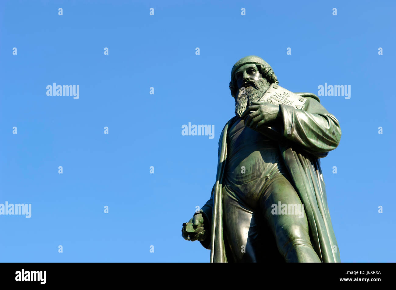 ,Statue,texte,vieux,fondateur,faces,presse,,ville natale de Gutenberg de Mayence, Banque D'Images