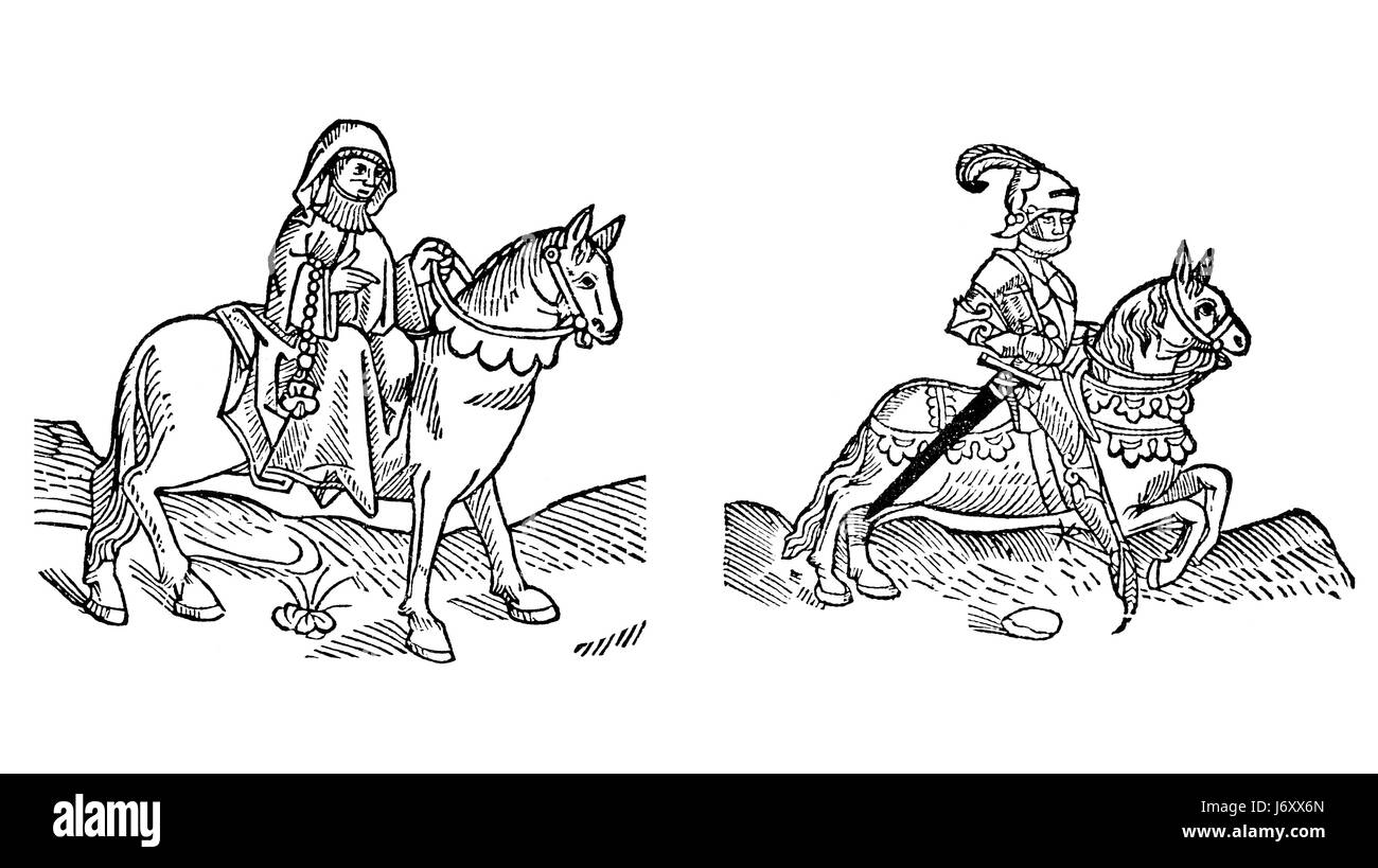 William tales femme cheval équitation art bois coupe imprimer nun pèlerinage médiéval Banque D'Images