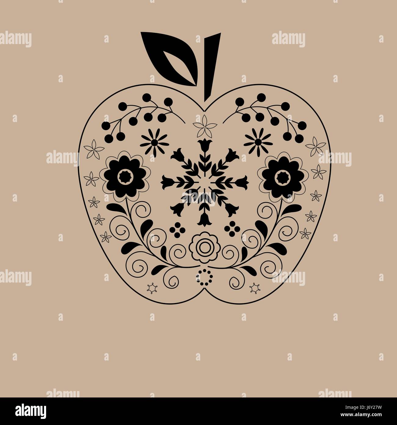 Apple dessiné à la main dentelle noir ornement floral fond beige printable, home décoration d'intérieur, modèle de carte de vœux, surface pattern design Illustration de Vecteur