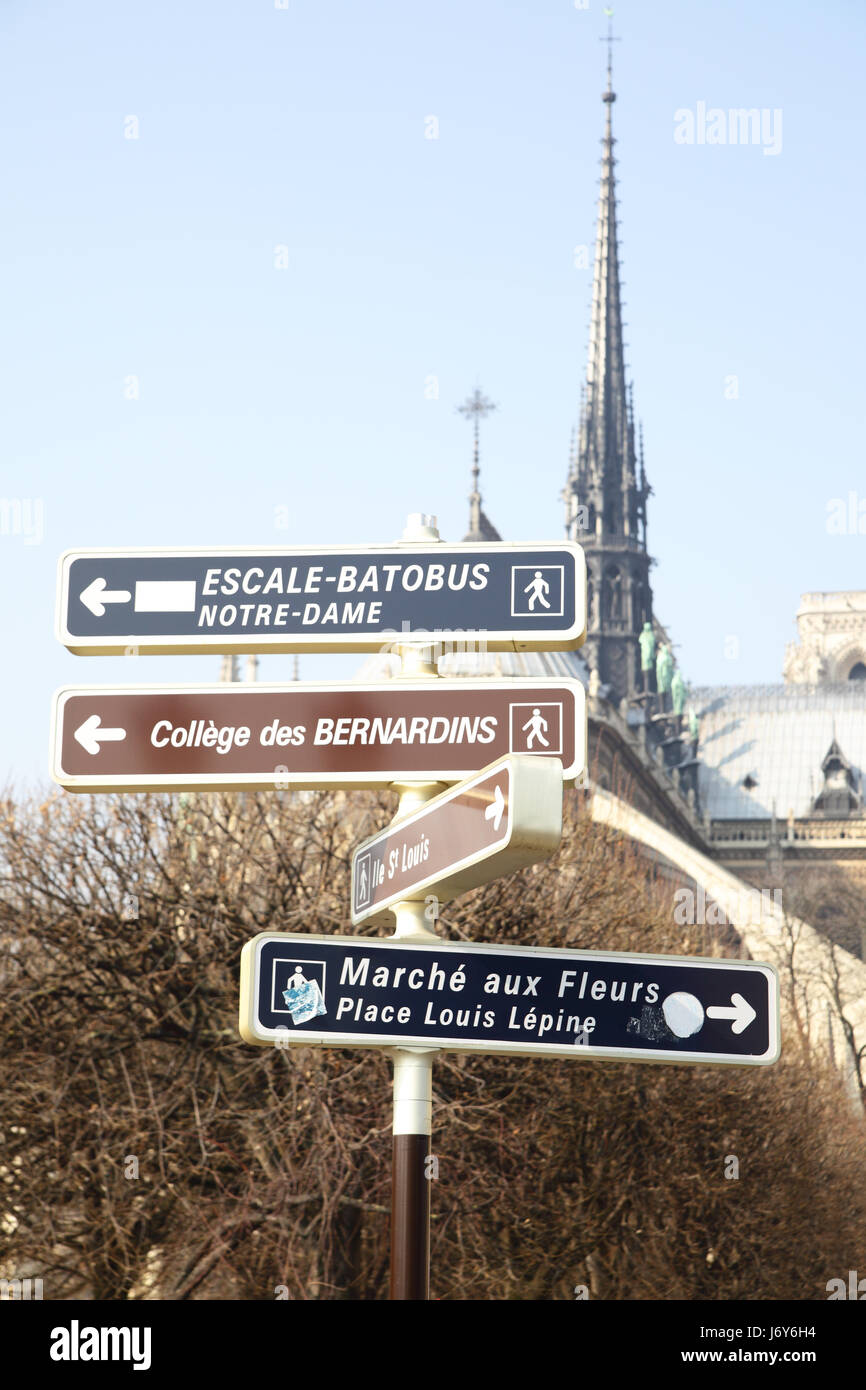Panneau de repères près de Notre Dame de Paris Banque D'Images