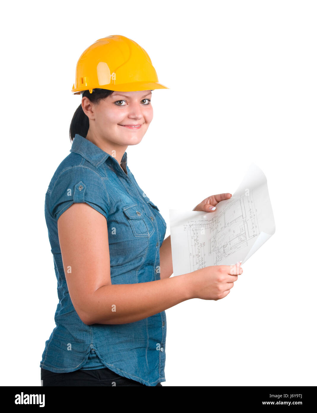 Architecte constructeur bricoleur casque femme bâtiment maison plan de reconstruction Banque D'Images