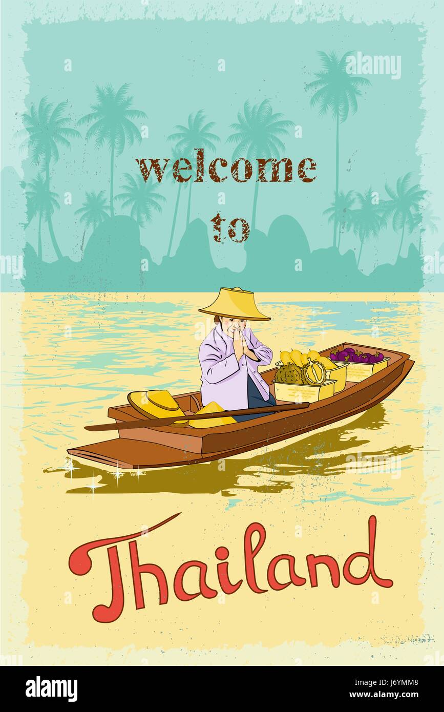 Femme vendeur dans le bateau sur le canal à Bangkok en Thaïlande pour accueillir les touristes - le pays du sourire. Poster rétro. Illustration de Vecteur
