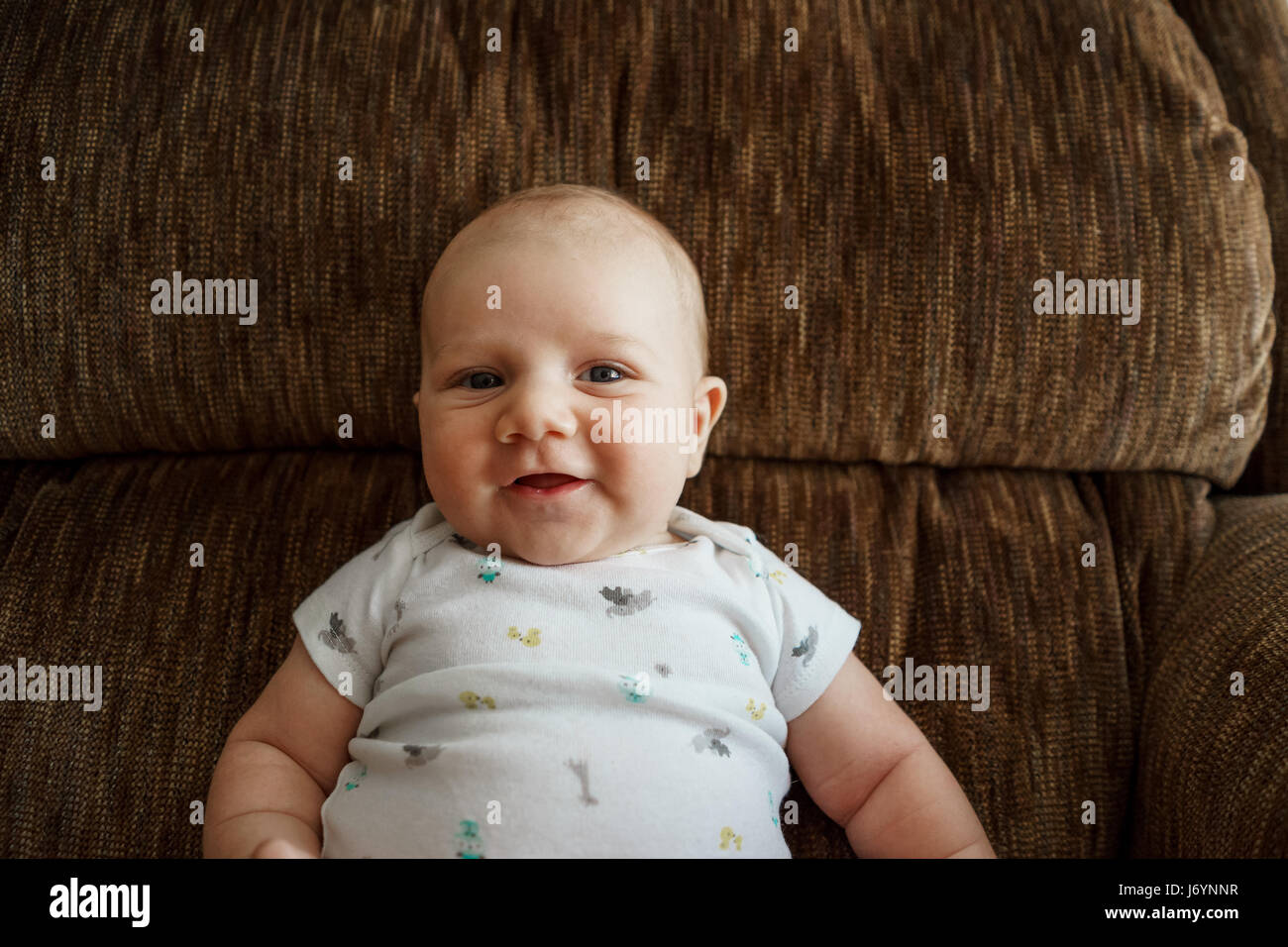 Smiling baby garçon assis dans un fauteuil Banque D'Images