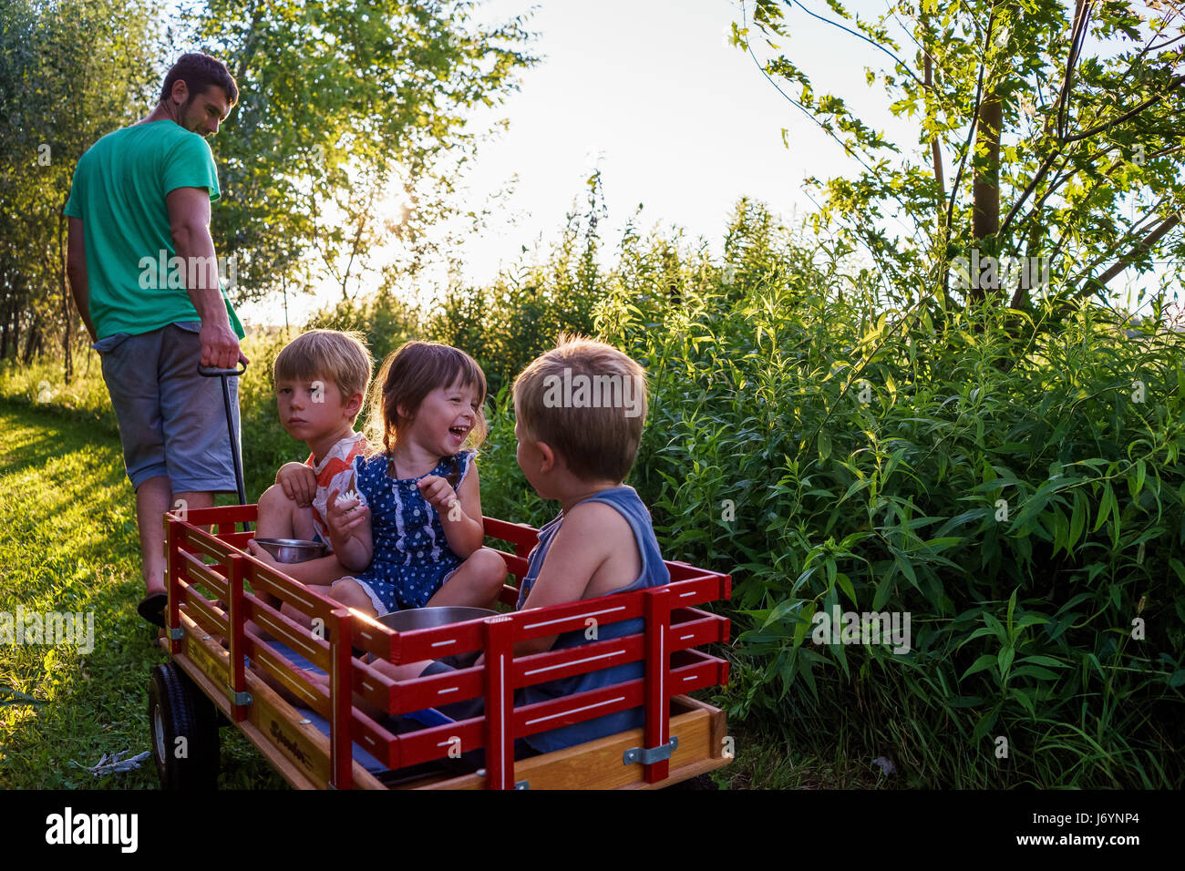 Père tirant trois enfants dans un chariot Banque D'Images