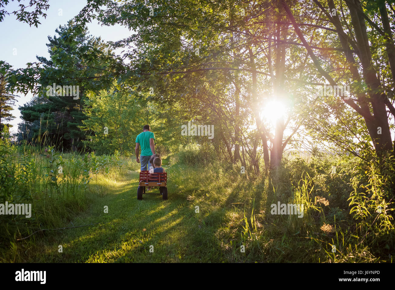Père tirant trois enfants dans un chariot Banque D'Images