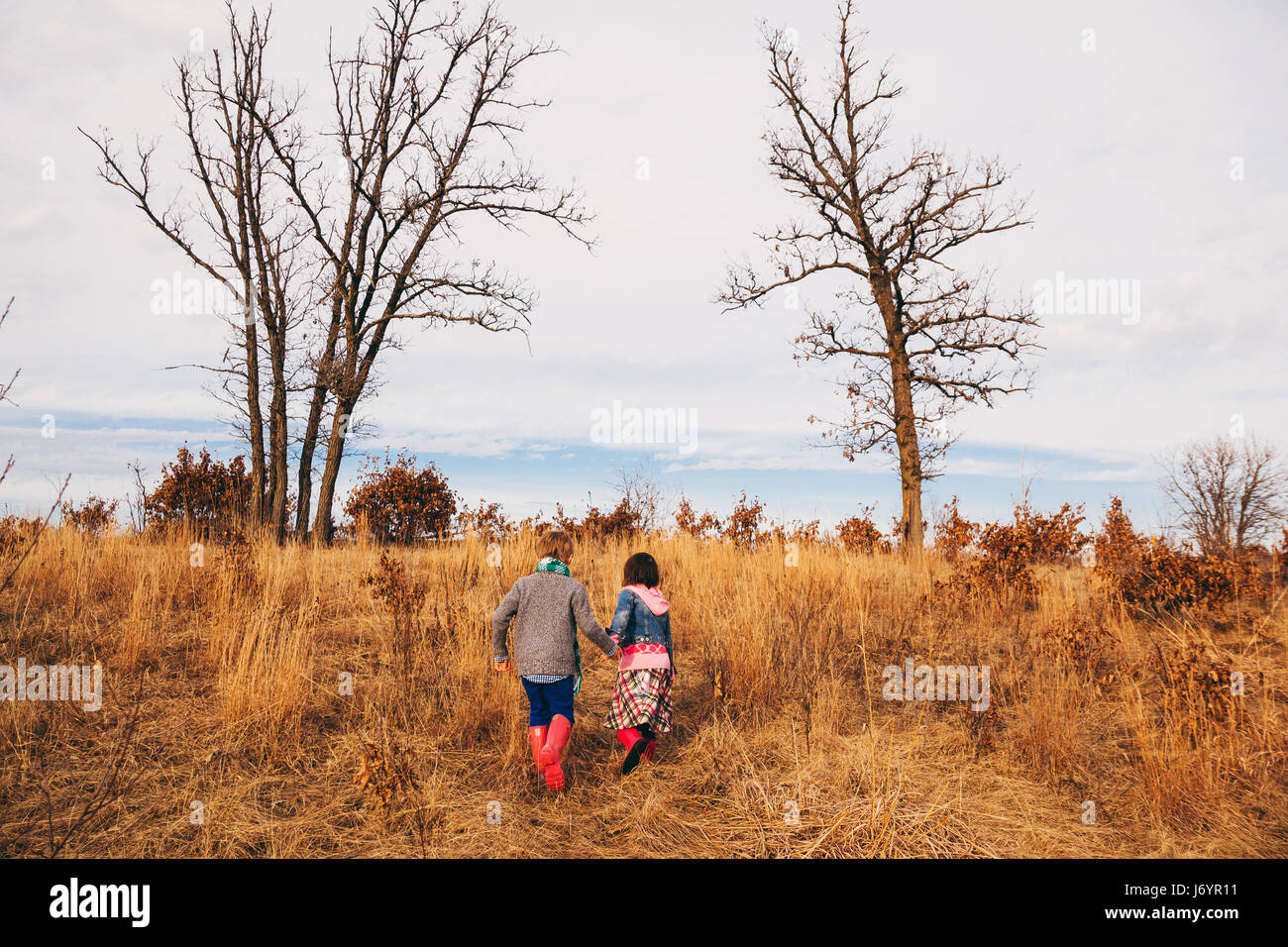 Boy and girl holding hands running in rural landscape Banque D'Images