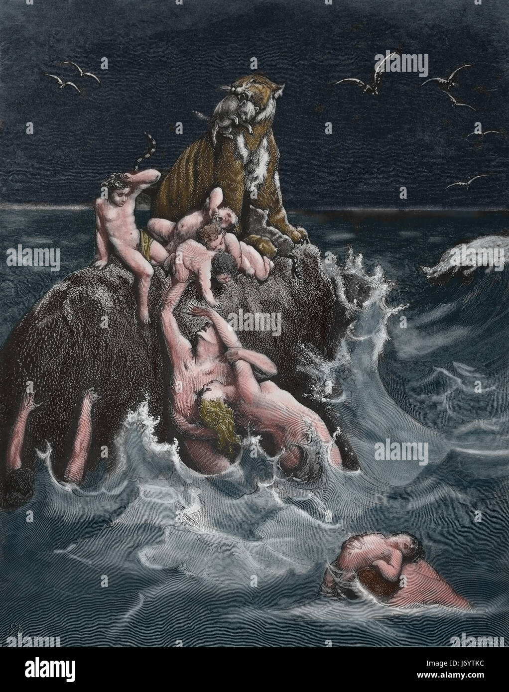 Le déluge. Illustration par Gustave Dore, 19e siècle. Illustration de la Bible. Banque D'Images