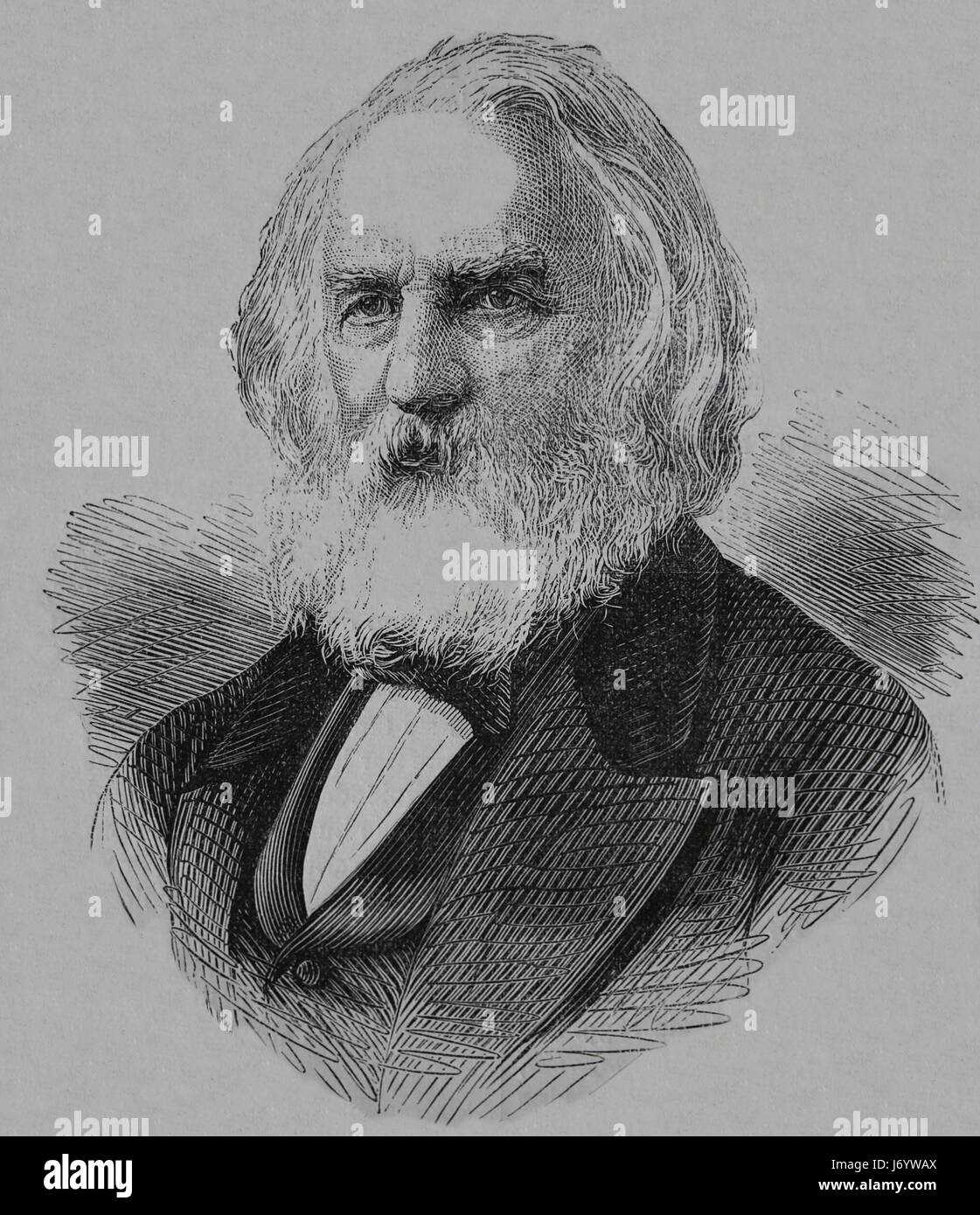 Henry Wadsworth Longfellow (1807-1882). Le poète américain et éducateur. La gravure, notre siècle, 1883. Edition espagnol. Banque D'Images