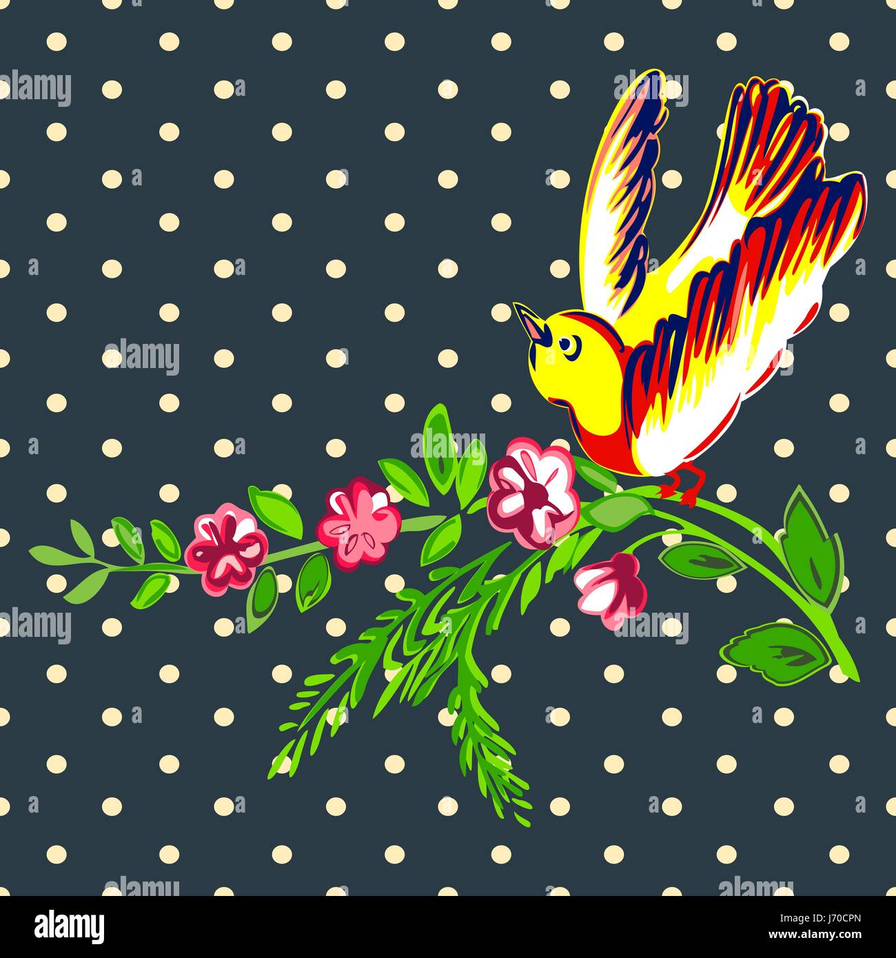 Vol d'oiseaux à la main avec des fleurs tropicales roses vintage print, points de demi-tons tendance rétro arrière vector illustration pour le design, la mode, shir Illustration de Vecteur