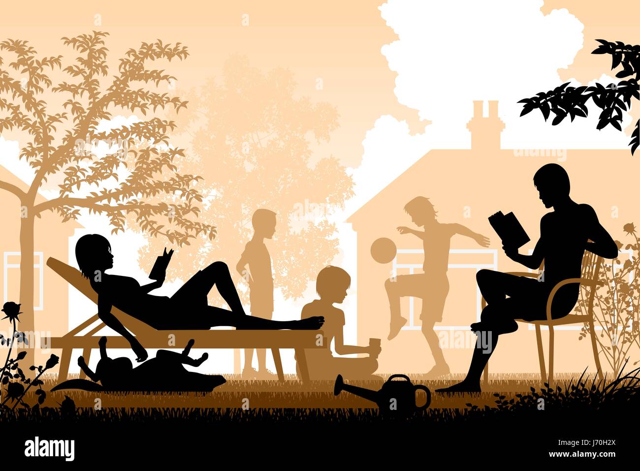 Illustration vectorielle modifiable d'une famille de détente dans leur jardin Illustration de Vecteur
