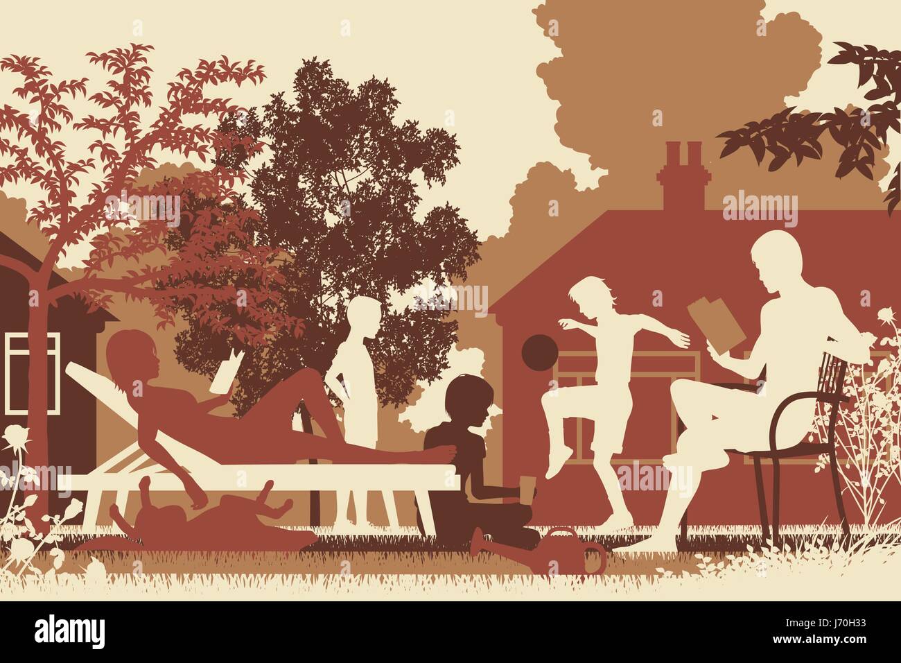 Illustration vectorielle modifiable d'une famille de détente dans leur jardin en été Illustration de Vecteur