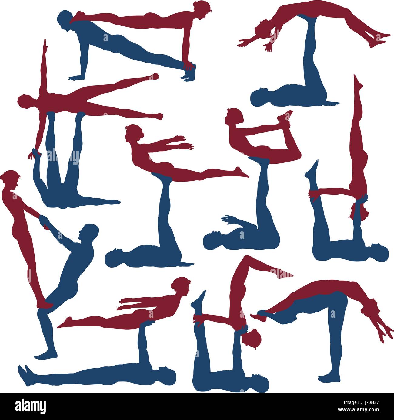 Jeu de silhouettes vecteur modifiable de l'homme et de la femme dans diverses positions acroyoga Illustration de Vecteur