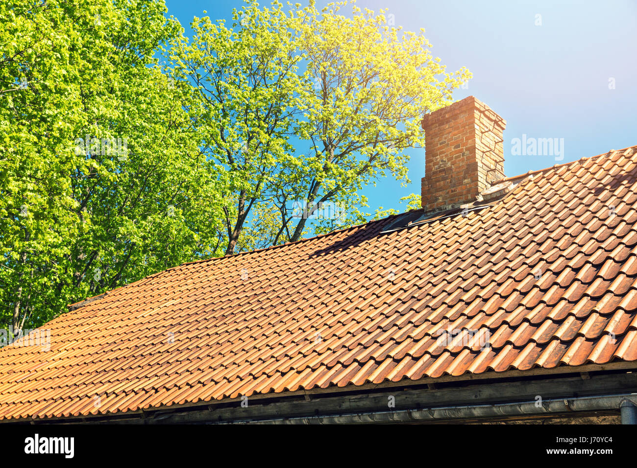 Tuile de toit contre le ciel bleu sur sunny day Banque D'Images