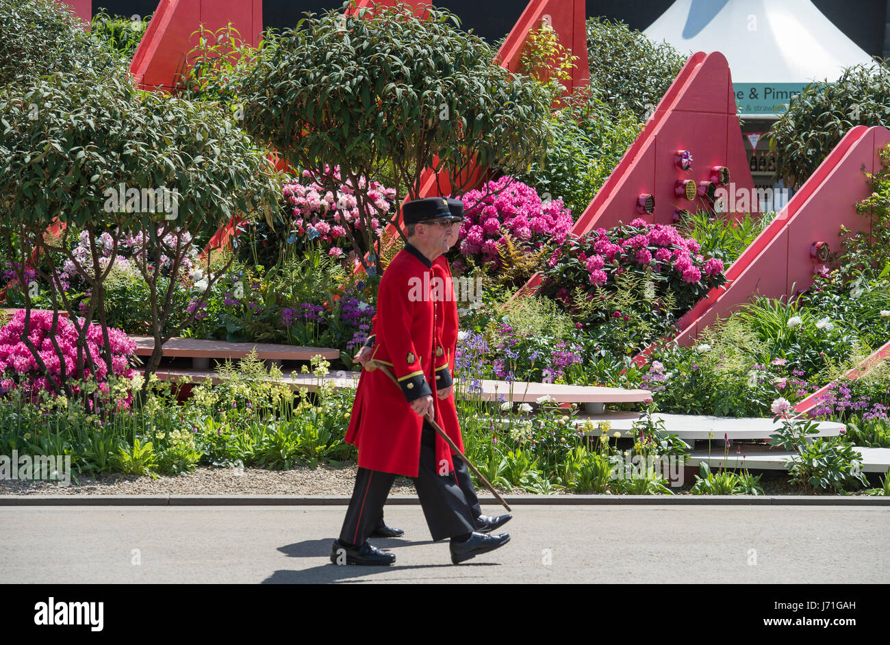 Le Royal Hospital Chelsea, London, UK. 22 mai, 2017. L'assemblée annuelle de la pinnacle calendriers horticoles, la RHS Chelsea Flower Show, preview journée avec des stars en visite. Deux pensionnaires de Chelsea à pied au-delà de la route de la soie, Chengdu, Chine jardin conçu par l'architecte Laurie Chetwood et jardin le designer Patrick Collins. Credit : Malcolm Park editorial/Alamy Live News. Banque D'Images