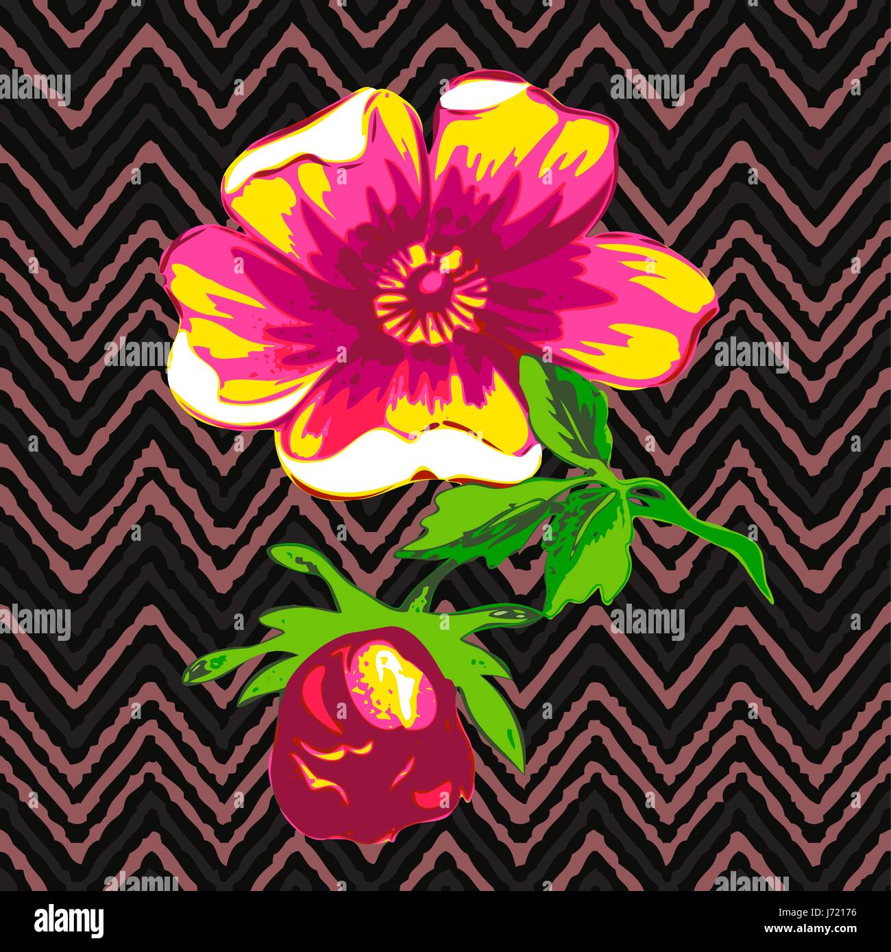 Fleurs roses à la main vintage tropical imprimer, rayures motif en zigzag retro grunge background vector illustration design, mode, shirt, textile, gr Illustration de Vecteur