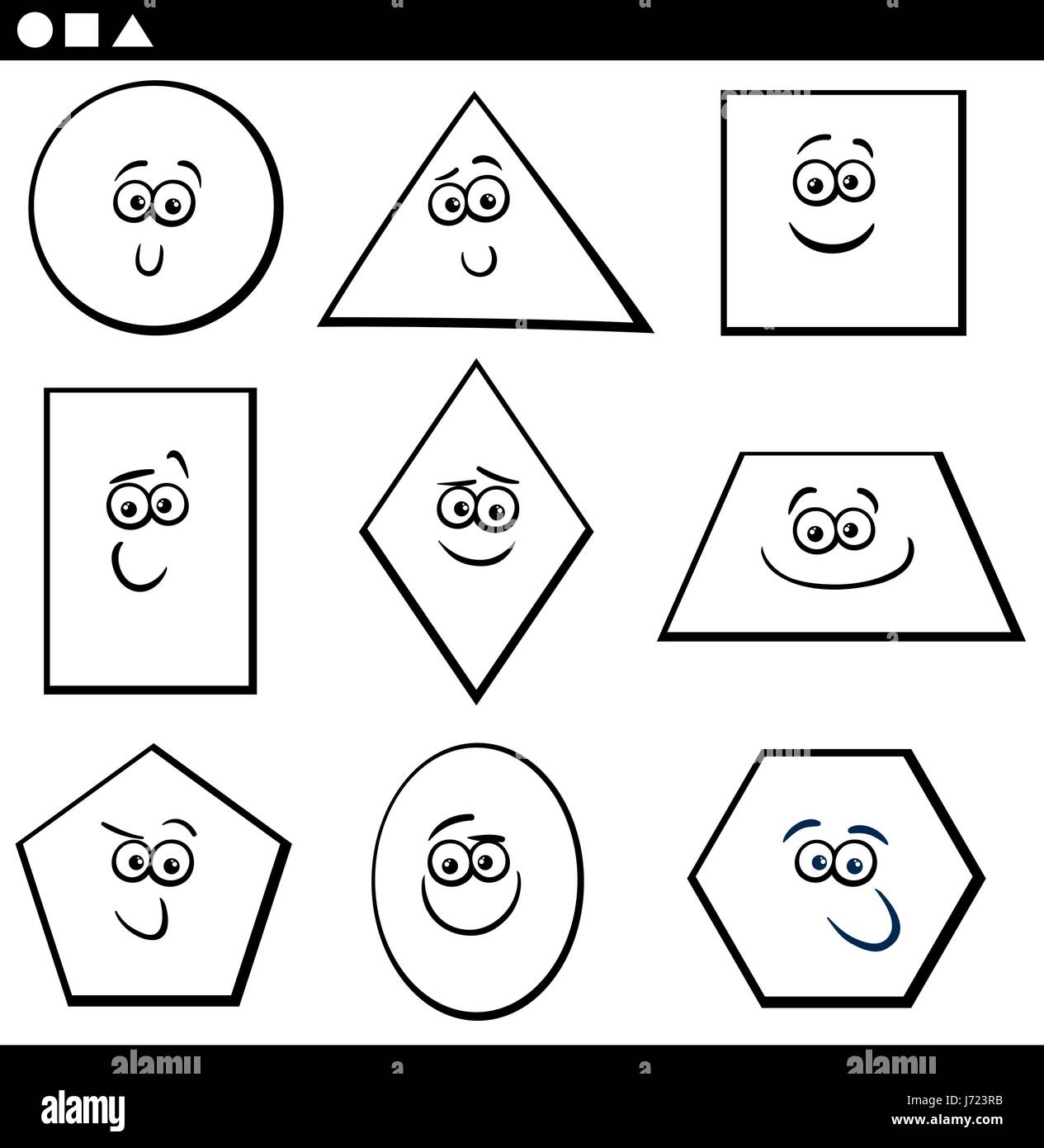 Cartoon noir et blanc Illustration de formes géométriques de base de l'éducation pour les enfants personnages rigolo Coloriage Illustration de Vecteur