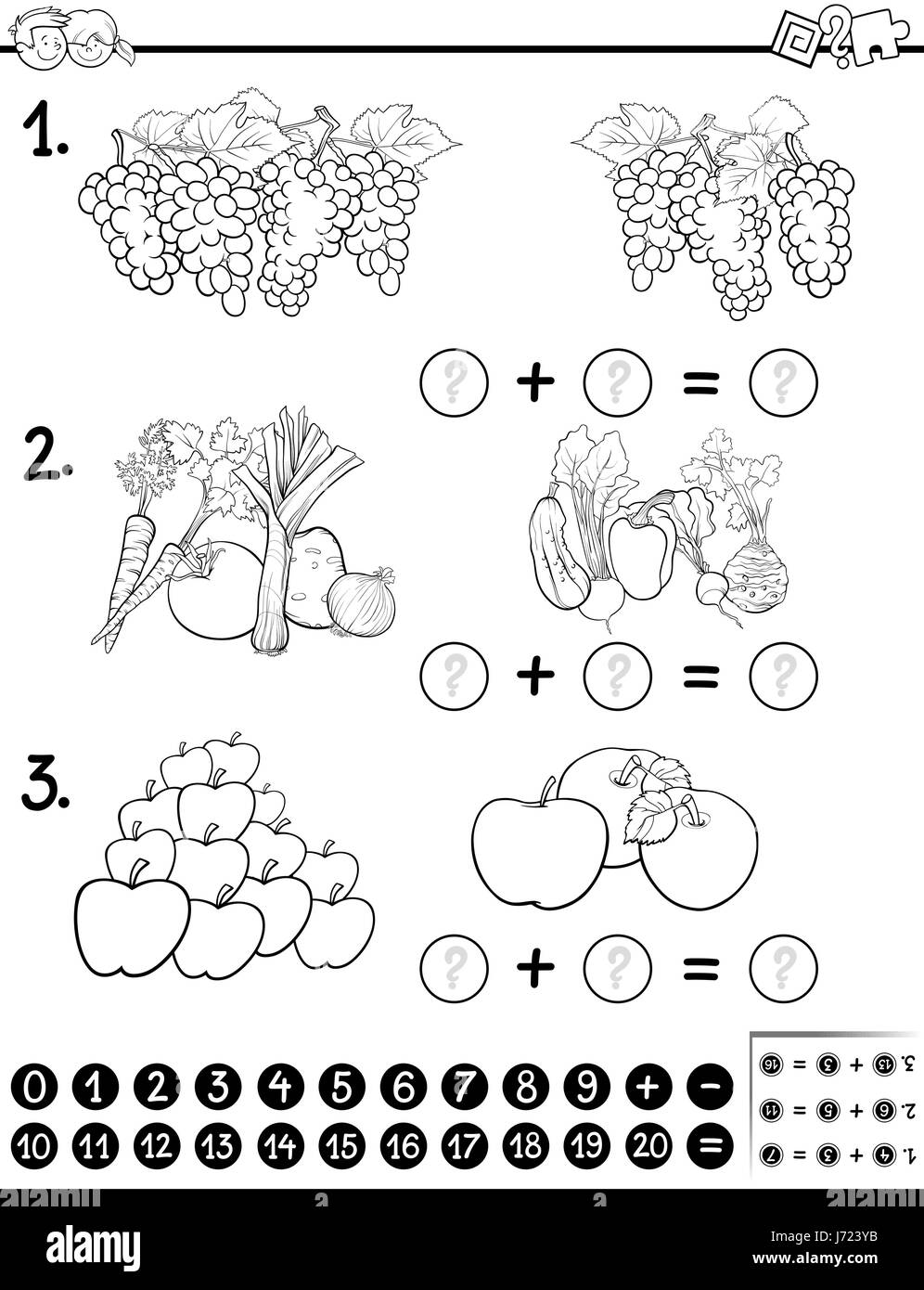 Illustration Cartoon noir et blanc d'activité mathématique jeu pour les enfants avec des fruits et légumes à colorier Illustration de Vecteur