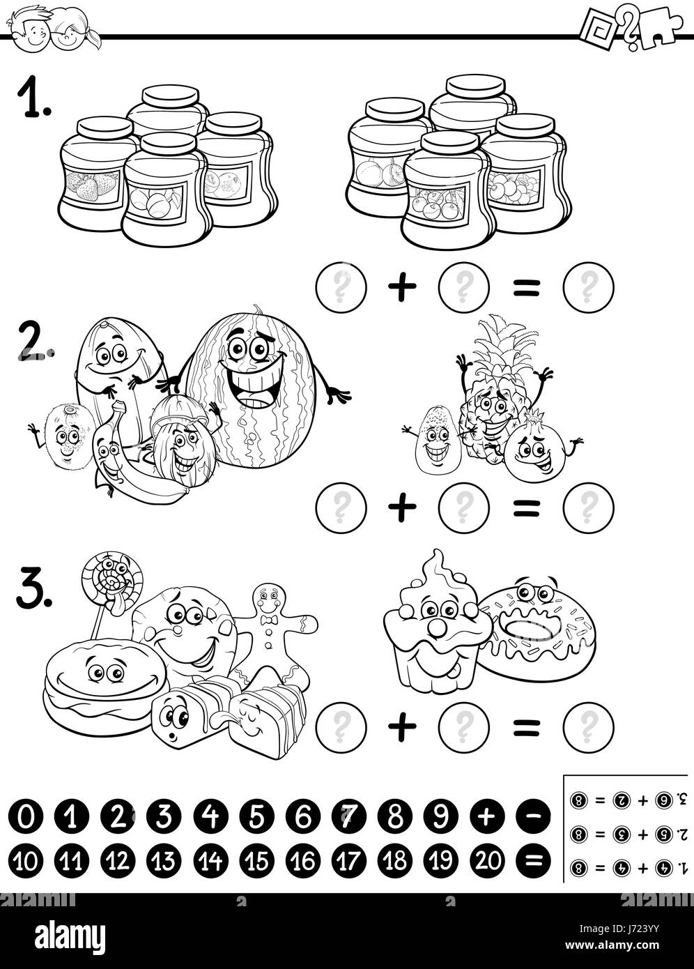 Cartoon noir et blanc Illustration de l'activité mathématique de l'éducation pour les enfants avec des objets alimentaires Coloriage Illustration de Vecteur