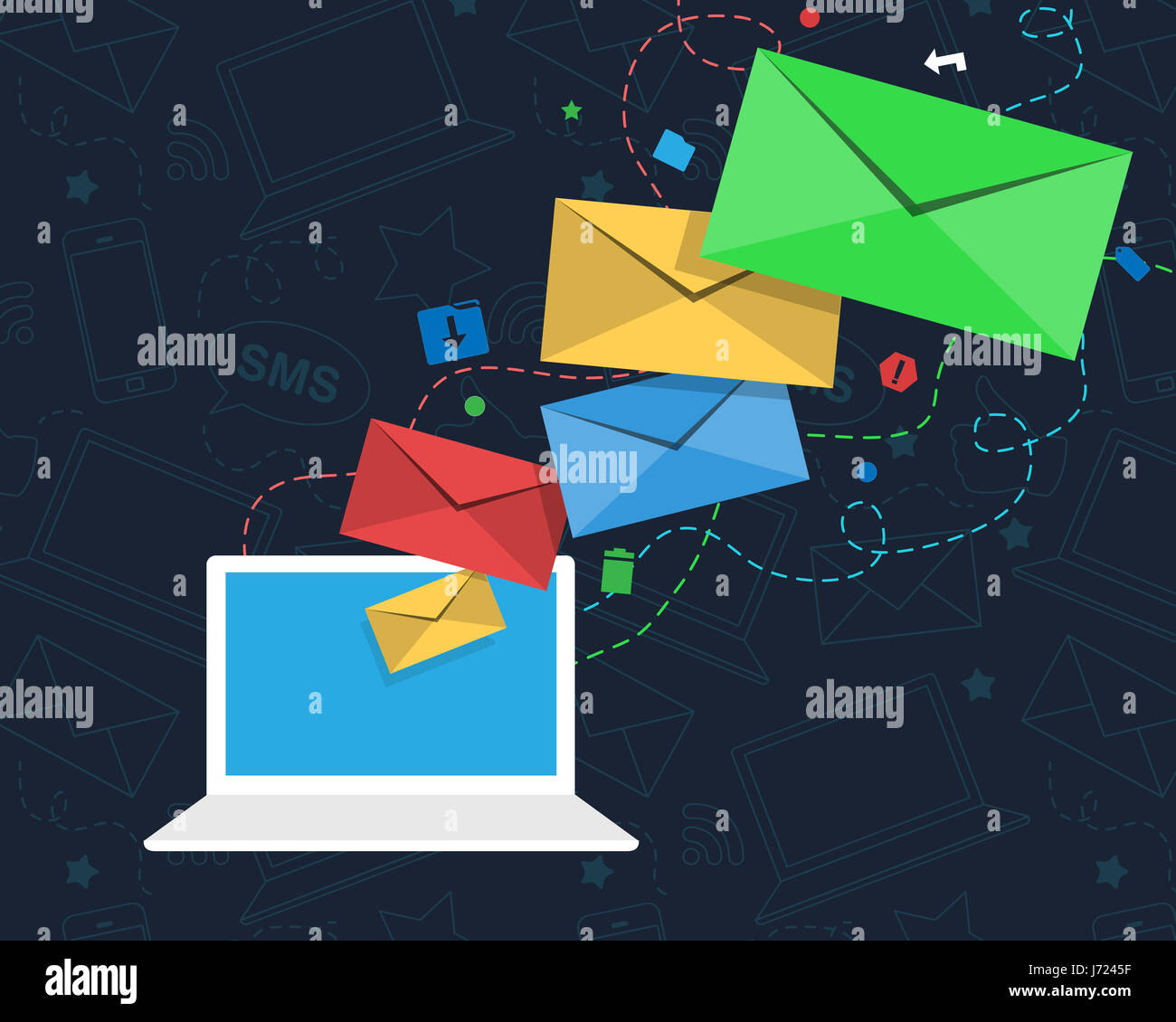 Un bulletin d'email concept avec enveloppes colorées des vols depuis l'écran d'un ordinateur portable. L'ordinateur est entouré par les icônes d'e-mail marketing. Banque D'Images