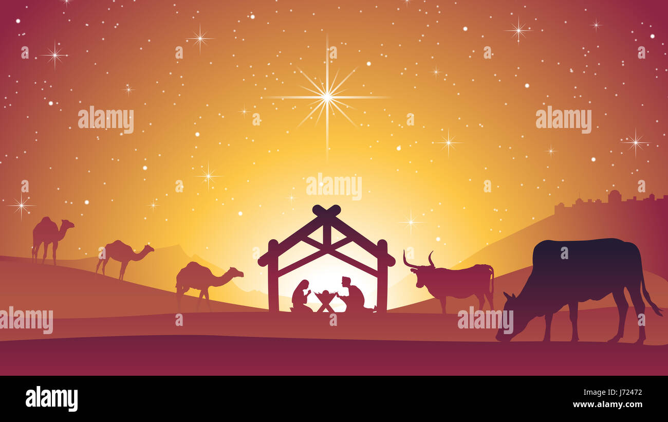 Crèche de Noël avec crèche Silhouette. Bébé doux Jésus Christ est au centre avec Marie et Joseph à côté de lui. Banque D'Images