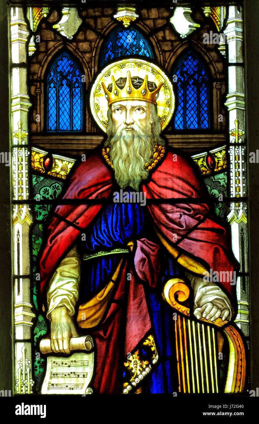 Le roi David avec harpe, vitrail, par A.L.Moore 1910 Brinton, église, Norfolk, England, UK Banque D'Images