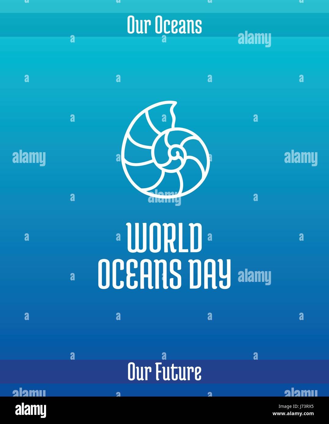La Journée mondiale des océans, le 8 juin. La promotion de la carte avec hand drawn doodle, ligne vectorielle illustration. Sea Shell d'un coquillage nautilus, un animal marin. P blanc Illustration de Vecteur